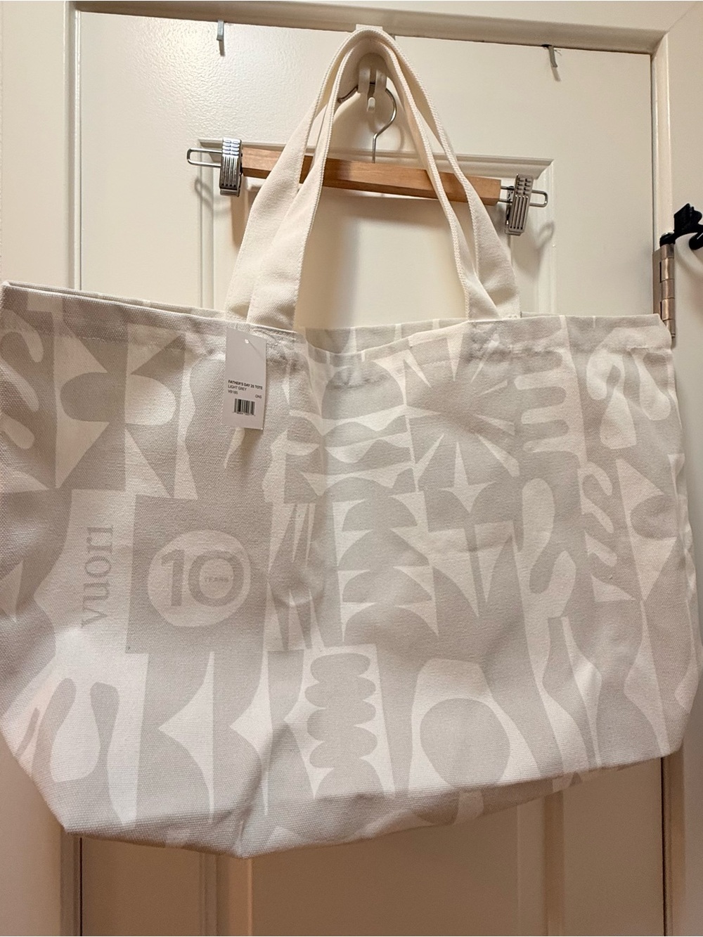 Vuori Cream and White Patterned Canvas Tote Bag